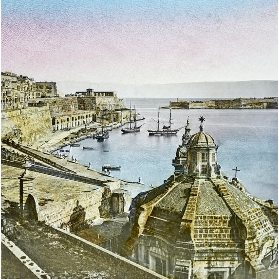 Magic Lantern slide circa 1900 hand coloured. Titled Cities and places of interest in the Mediterranean.42__�?�THE ENTRANCE TO VALETTA GRAND