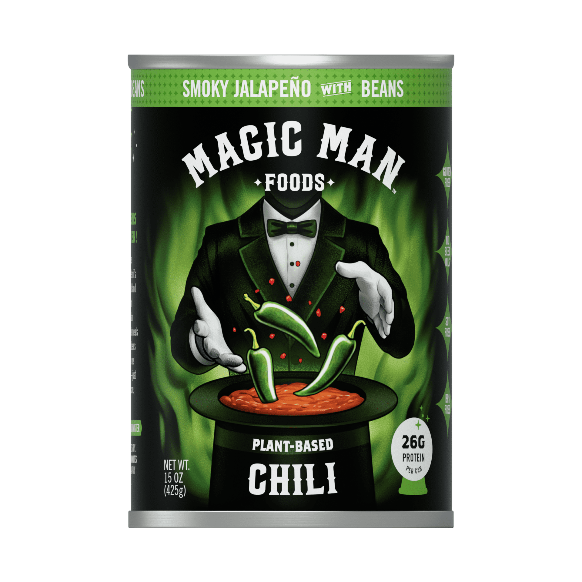 Magic Man Chili PlantBased Smokey Jalapeno Chili, 15oz Can, Vegan, Gluten free, Soy free, Seed Oil free
