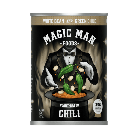 Magic Man Plant Based White Bean Green Chile Chili, 15oz Can, Vegan, Gluten free, Soy free, Seed Oil free