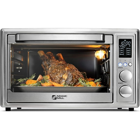 Magic Mill 13-in-1 Premium Air Fryer Toaster Oven 30L Capacity 1800w Rotisserie Convection Oven and Dehydrator With 3 Style Trays LED Display Brushed Stainless Steel