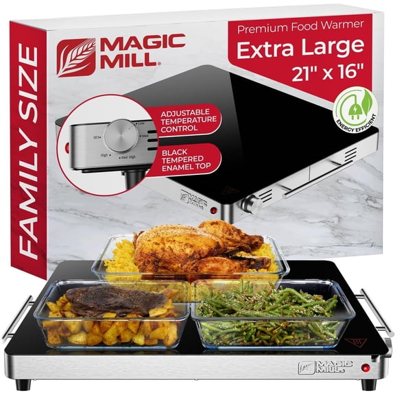 Magic Mill Premium-Grade Glass Food Warmer for Parties Buffet, XL Stainless Steel Modern Electric Warming Tray, Adjustable Temperature Control, Advanced -Engineered Heating System Size-21x16