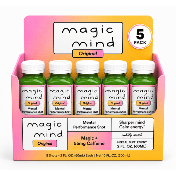 Magic Mind Original Matcha Energy Beverage, Ready-to-Drink, 2 fl oz Bottles, 5 Pack