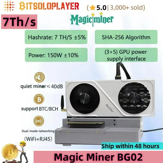 Magic Miner BG02 7Th/s 150w SHA-256 ASIC Bitcoin Solo Miner Dual Mode Networking (WiFi+RJ45) Crypto Miner for Home & Office BTC Mining Machine