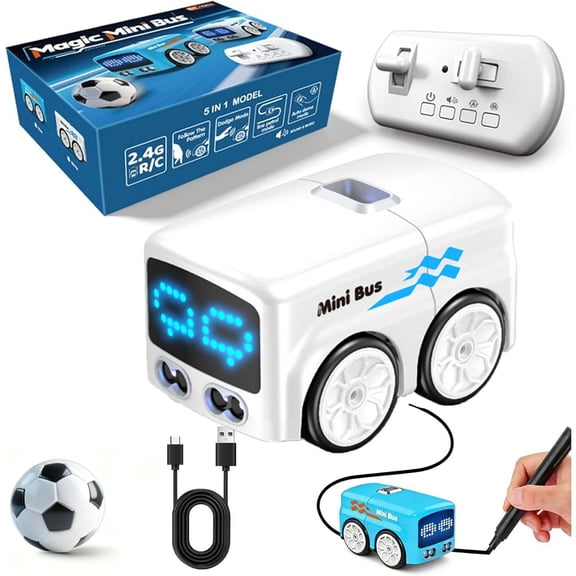 Magic Mini Bus, Follows Line Car, Inductive Mini Interactive Cars Follows The Line, Intelligent Line Tracking System with Dynamic LED Expressions, Educational STEAM