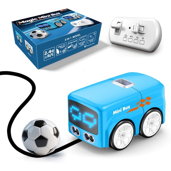 Magic Mini Bus, Smart Interactive Magic Tracks Cars with Gesture-Follow & RC Control & Auto-Avoidance, 2.4G Wireless Remote Controlled Bus with Expressive LED Lights Gifts for Kids Boys Girls, Blue