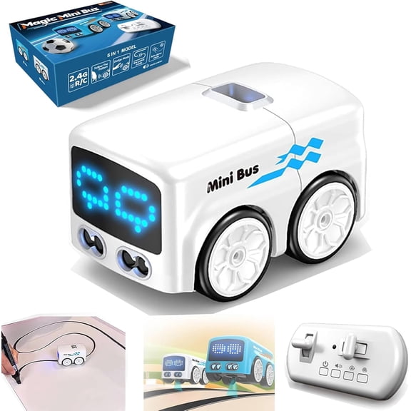 Magic Mini Bus Toy, Rc-Controlled with Expression Light Adjustment & 4 Play Modes, Automatic Avoidance Patrol Line, Follow Gesture & Remote Driving