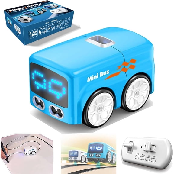 Magic Mini Bus Toy, Rc-Controlled with Expression Light Adjustment & 4 Play Modes, Automatic Avoidance Patrol Line, Follow Gesture & Remote Driving