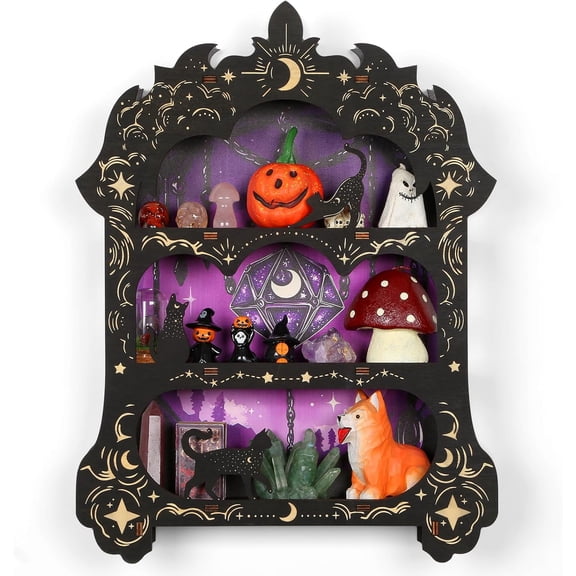 Magic Mirror Floating Shelf for Crystals Rocks Gems Healing Stones, Trinket Knick Knack Shelf Crystals Holder Organizer, Wooden Wall Shelf for Witch Witchy Wiccan Decor Spiritual Gifts