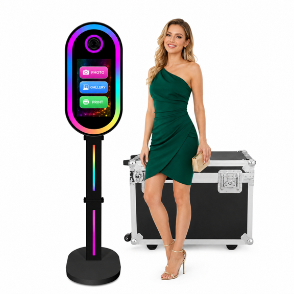 Magic Mirror Photo Booth with 15.6-Inch Interactive Touchscreen, Built-in Mini PC, RGB LED Frame & Flight Case for Weddings, Parties and Event Rentals