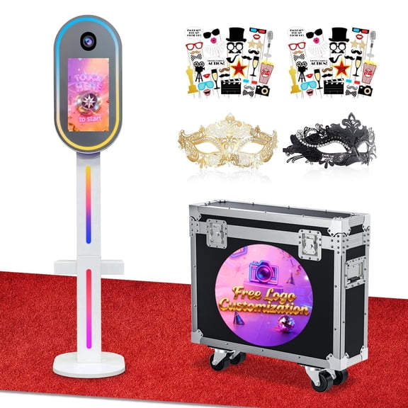 Magic Mirror Photo Booth, 15.6" Interactive Touch Screen DSLR Photo Booth with Flight Case, Remote App Control RGB Light for Weddings Parties Event Rentals (White)