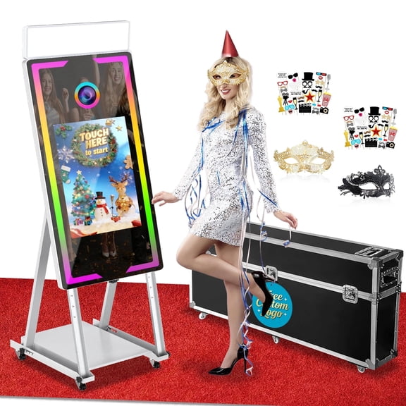 Magic Mirror Photo Booth, 40'' Mirror Photo Booth, 22'' Interactive Touch Screen, with Flight Case, Square Light, Perfect for Weddings, Parties, Events (White, 40-22in)