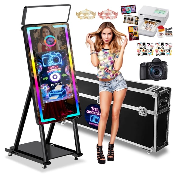 Magic Mirror Photo Booth, 40'' Mirror Photo Booth with Camera and Printer, 22'' Interactive Touch Screen, with Flight Case,Square Light,Perfect for Weddings, Parties,Events (Black, 40-22'')