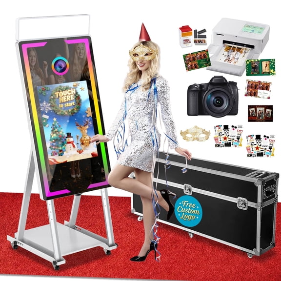 Magic Mirror Photo Booth, 40'' Mirror Photo Booth with Camera and Printer, 22'' Interactive Touch Screen, with Flight Case,Square Light,Perfect for Weddings, Parties,Events (White, 40-22'')