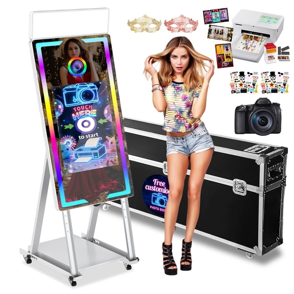 Magic Mirror Photo Booth, 40'' Mirror Photo Booth with Camera and Printer, 22'' Interactive Touch Screen, with Flight Case,Square Light,Perfect for Weddings, Parties,Events (White, 40-22'')