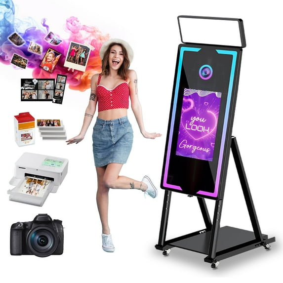 Magic Mirror Photo Booth, 45'' Mirror Photo Booth with Camera and Printer, 22'' Interactive Touch Screen, Built-in Mini PC with Instant Print – Suitable for All Types of Photography Needs (Black)