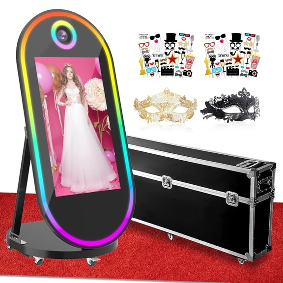 Magic Mirror Photo Booth, 60'' Oval Mirror Photo Booth with 32'' Interactive Touch Screen, Instant Print, Suitable for All Types of Photography Needs (Black)