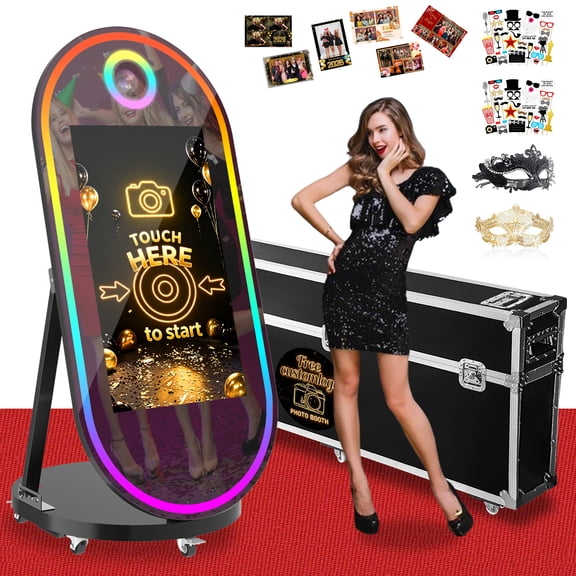 Magic Mirror Photo Booth, 60'' Oval Mirror Photo Booth with 32'' Interactive Touch Screen, Instant Print, Suitable for All Types of Photography Needs (Black)