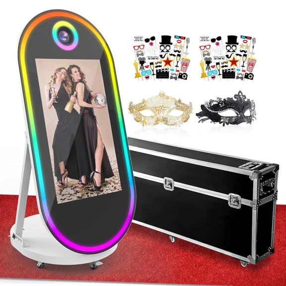 Magic Mirror Photo Booth, 60'' Oval Mirror Photo Booth with 32'' Interactive Touch Screen, Instant Print, Suitable for All Types of Photography Needs(White)