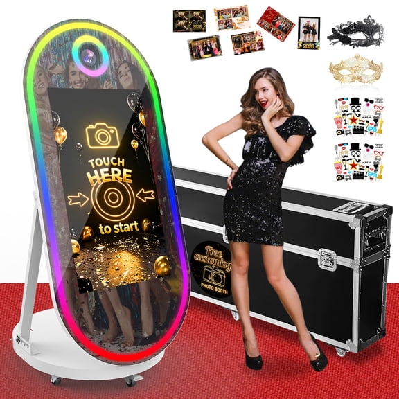 Magic Mirror Photo Booth, 60'' Oval Mirror Photo Booth with 32'' Interactive Touch Screen, Instant Print, Suitable for All Types of Photography Needs (White)