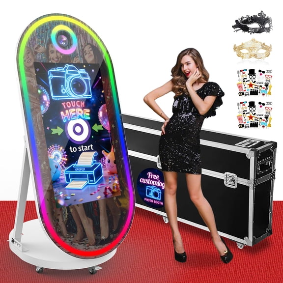 Magic Mirror Photo Booth, 60'' Oval Mirror Photo Booth with 32'' Interactive Touch Screen, Instant Print, Suitable for All Types of Photography Needs (White)