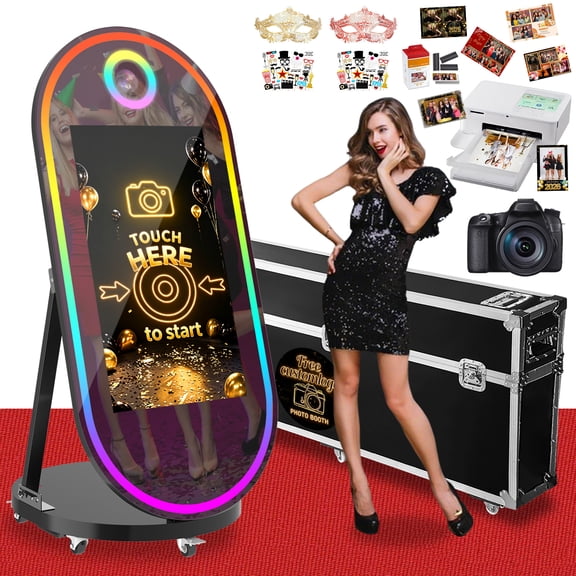 Magic Mirror Photo Booth, 60'' Oval Mirror Photo Booth with Camera and Printer, 32'' Interactive Touch Screen, Instant Print, Suitable for All Types of Photography Needs (Black)