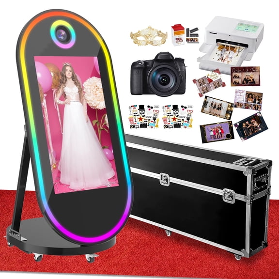 Magic Mirror Photo Booth, 60'' Oval Mirror Photo Booth with Camera and Printer, 32'' Interactive Touch Screen, Instant Print, Suitable for All Types of Photography Needs (Black)