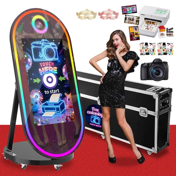 Magic Mirror Photo Booth, 60'' Oval Mirror Photo Booth with Camera and Printer, 32'' Interactive Touch Screen, Instant Print, Suitable for All Types of Photography Needs (Black)