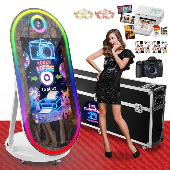 Magic Mirror Photo Booth, 60'' Oval Mirror Photo Booth with Camera and Printer, 32'' Interactive Touch Screen, Instant Print, Suitable for All Types of Photography Needs (White)
