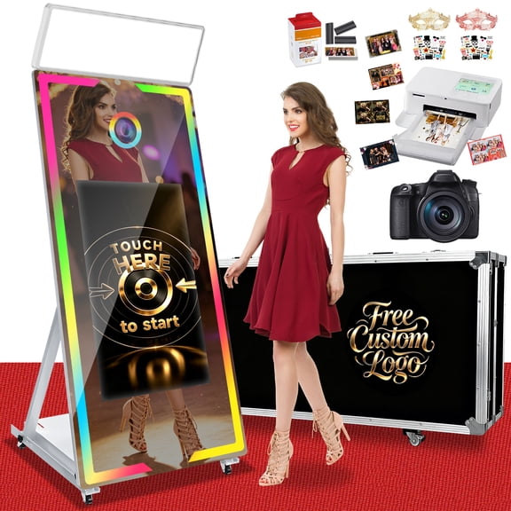 Magic Mirror Photo Booth, 62'' Mirror Photo Booth with Camera and Printer, 32'' Interactive Touch Screen, with Square Fill Light,Flight Case,Instant Printing for Event Party Rental Wedding(White)