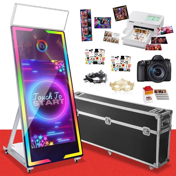 Magic Mirror Photo Booth 65 with Camera and Printer,43'' Interactive Touch Screen Mirror Photo Booth with RGB Mood Light,Instant Print and Share for Professional Party Photography
