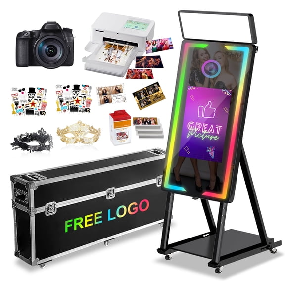 Magic Mirror Photo Booth 65 with Camera and Printer,43'' Interactive Touch Screen Mirror Photo Booth with RGB Mood Light,Instant Print and Share for Professional Party Photography