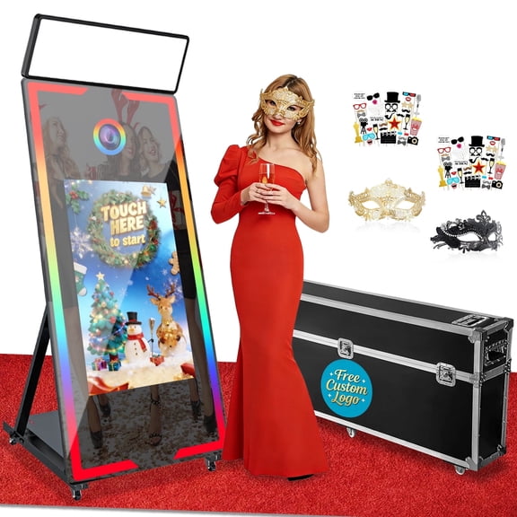 Magic Mirror Photo Booth, 65'' Mirror Photo Booth, 32'' Interactive Touch Screen, with Flight Case, Square Light, Perfect for Weddings, Parties, Events (Black, 65-32in)