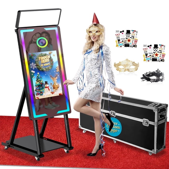 Magic Mirror Photo Booth, 40'' Mirror Photo Booth, 20'' Interactive Touch Screen, with Flight Case, Square Light, Perfect for Weddings, Parties, Events (Black, 40-22in)