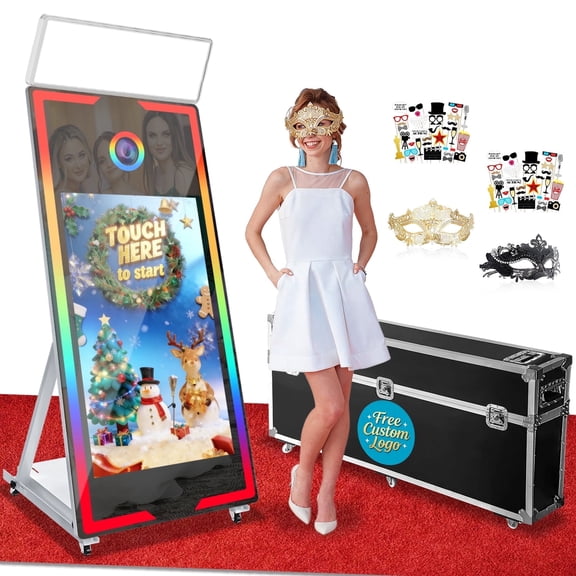 Magic Mirror Photo Booth, 65'' Mirror Photo Booth, 43'' Interactive Touch Screen, with Flight Case, Square Light, Perfect for Weddings, Parties, Events (White, 65-43in)