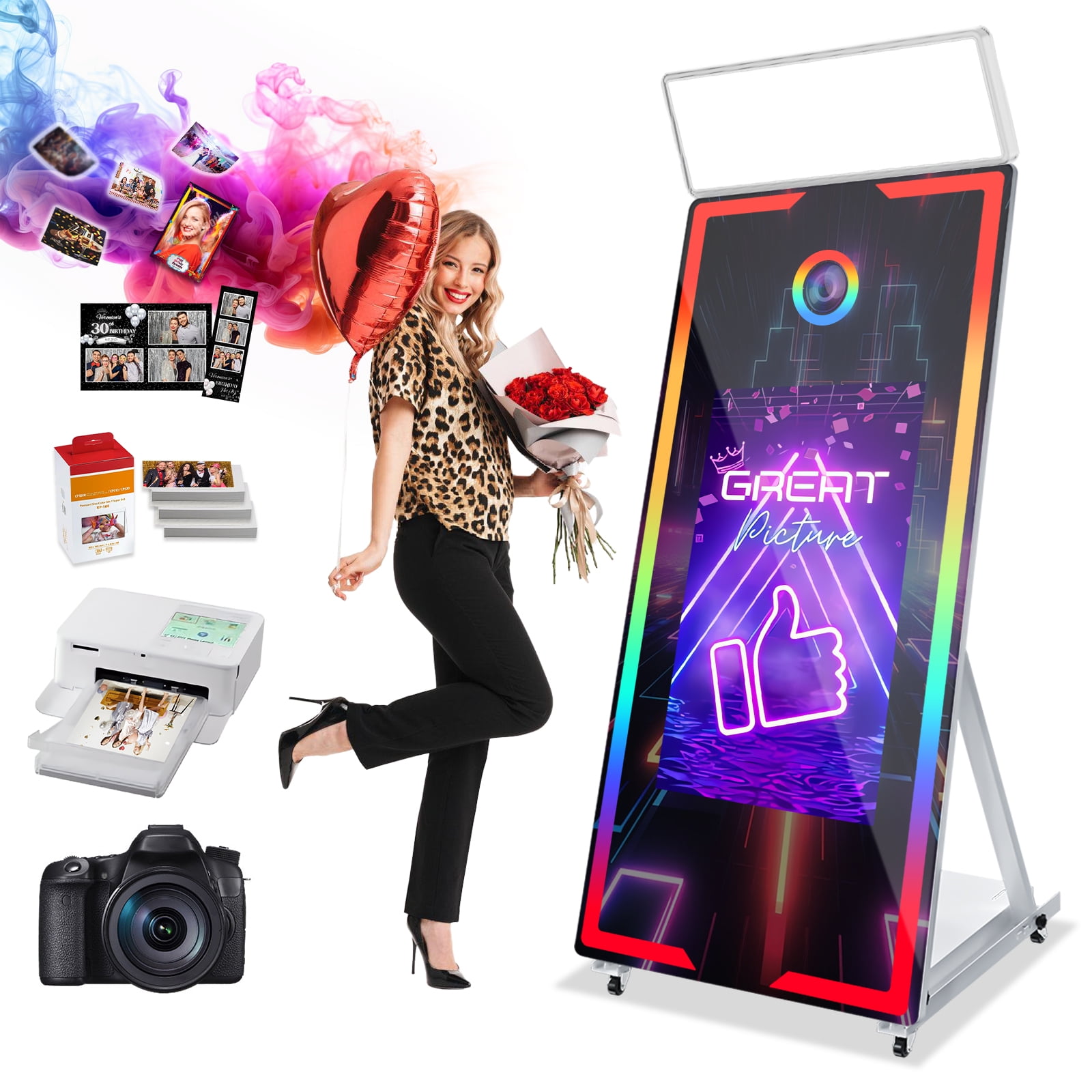 Magic Mirror Photo Booth, 65'' Mirror Photo Booth with Camera and