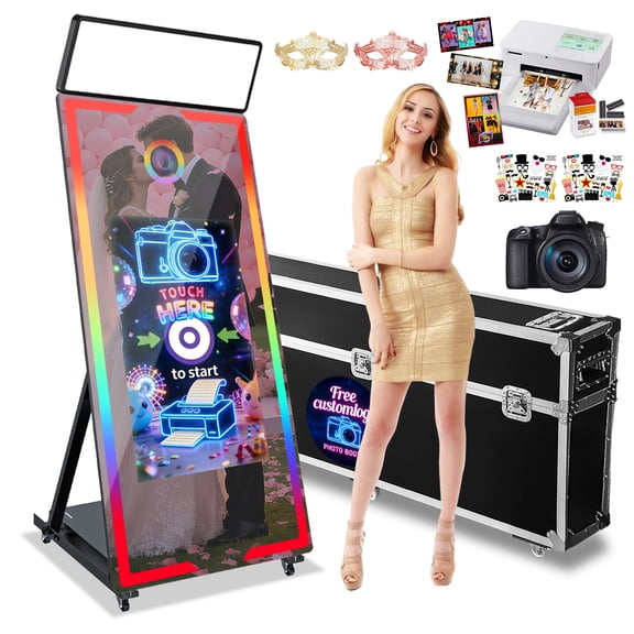Magic Mirror Photo Booth, 65'' Mirror Photo Booth with Camera and Printer, 32'' Interactive Touch Screen, with Flight Case,Square Light,Perfect for Weddings, Parties,Events (Black, 65-32'')