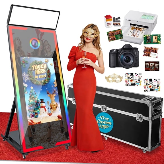 Magic Mirror Photo Booth, 65'' Mirror Photo Booth with Camera and Printer, 32'' Interactive Touch Screen, with Flight Case,Square Light,Perfect for Weddings, Parties,Events (Black, 65-32'')