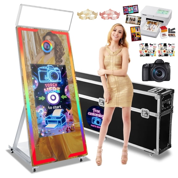 Magic Mirror Photo Booth, 65'' Mirror Photo Booth with Camera and Printer, 32'' Interactive Touch Screen, with Flight Case,Square Light,Perfect for Weddings, Parties,Events (White, 65-32'')