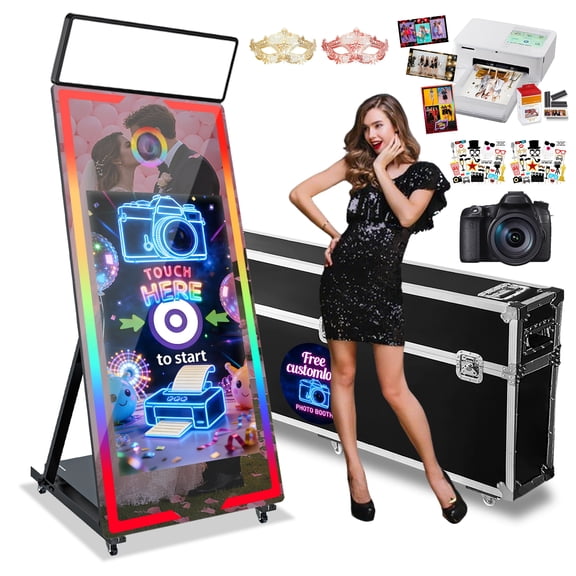 Magic Mirror Photo Booth, 65'' Mirror Photo Booth with Camera and Printer, 43'' Interactive Touch Screen, with Square Light, Instant Print – Suitable for All Types of Photography Needs(Black)