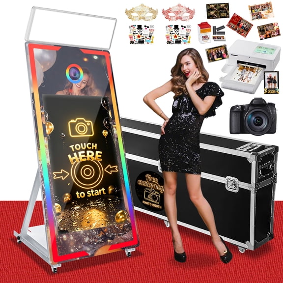 Magic Mirror Photo Booth, 65'' Mirror Photo Booth with Camera and Printer, 43'' Interactive Touch Screen, with Square Light, Instant Print – Suitable for All Types of Photography Needs(White)