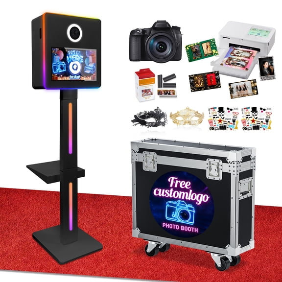 Magic Mirror Photo Booth with Camera & Printer,15.6" Interactive Touch Screen DSLR Photo Booth Machine,Built-in Mini PC, Remote App Control RGB Light for Weddings, Parties & Events (Black)