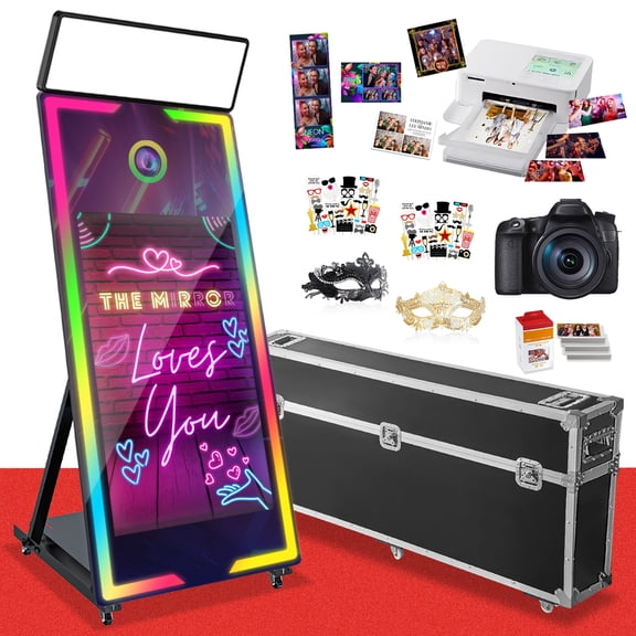 Magic Mirror Photo Booth with Camera and Printer,65 Mirror Photo Booth with 43 Interactive Screen,Remote Control RGB Lights Instant Print and Sharing for Parties Wedding Rental