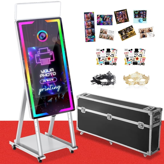 Magic Mirror Photo Booth with Flight Case, 45-22 Interactive Touch Screen DSLR Photo Booth, Built-in Mini PC, APP Remote RGB Light, Instant Printing and Share for Parties Wedding Rental