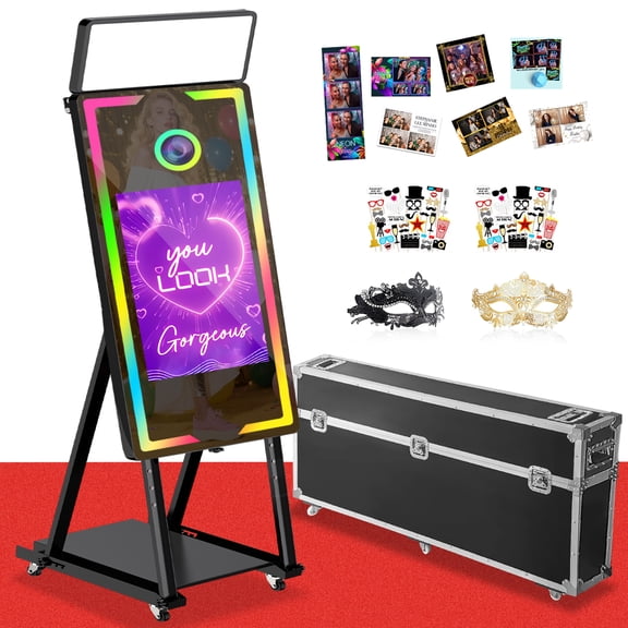 Magic Mirror Photo Booth with Flight Case, 45-22 Interactive Touch Screen DSLR Photo Booth, Built-in Mini PC, APP Remote RGB Light, Instant Printing and Share for Parties Wedding Rental