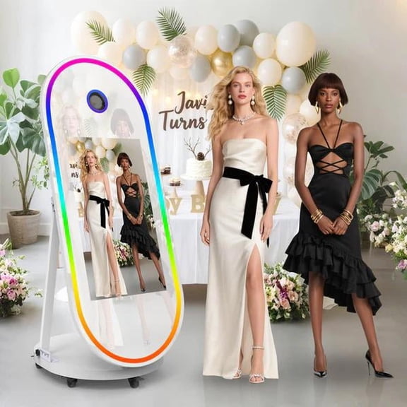 Magic Mirror Photo Booth with Flight Case,60" Oval Mirror Photo Booth with 32" Touch Screen,Remote Control RBG Light, Professional PhotoBooth Fashinn 360