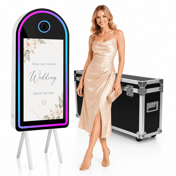 Magic Mirror Photo Booth with 32-Inch Interactive Touchscreen, Built-in Mini PC, RGB LED Frame & Flight Case for Weddings, Parties and Event Rentals