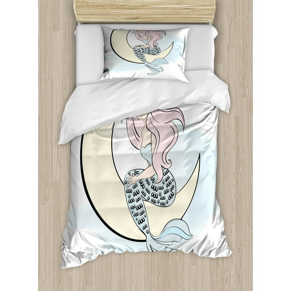 Magic Moon Duvet Cover Set, Doodle of Mermaid Girl Sits on Crescent, Decorative 2 Piece Bedding Set with 1 Pillow Shams, Twin Size, Pale Blue Multicolor, by Ambesonne