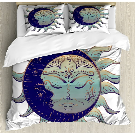 Magic Moon Duvet Cover Set, Modern Sun and Crescent Design with Oriental Details, Decorative 3 Piece Bedding Set with 2 Pillow Shams, Calking Size, Indigo Pale Teal, by Ambesonne
