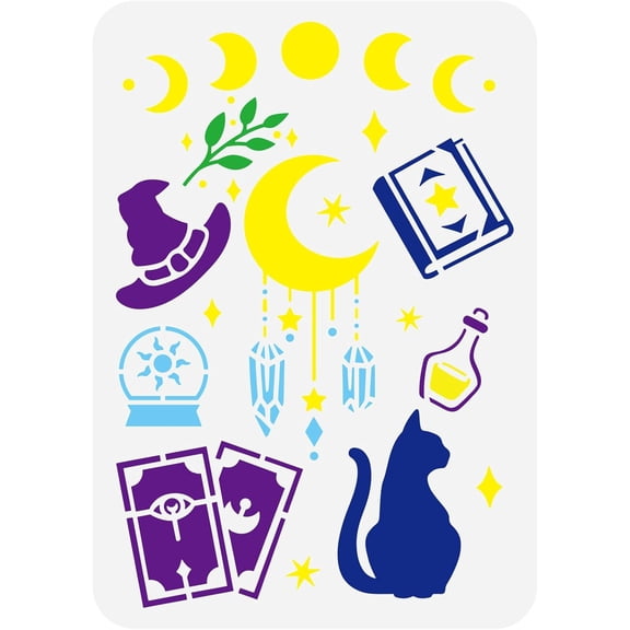 Magic Moon Phases Stencil 8.3x11.7inch Magic Hat Stencil Moon Dream Catcher Stencil Tarot Cards Stencil Cat Stencil Magic Book Stencil Divination Pattern Template