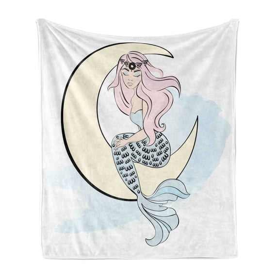 Magic Moon Soft Flannel Fleece Throw Blanket, Doodle of Mermaid Girl Sits on Crescent, Cozy Plush for Indoor and Outdoor Use, 50" x 60", Baby Blue Multicolor, by Ambesonne